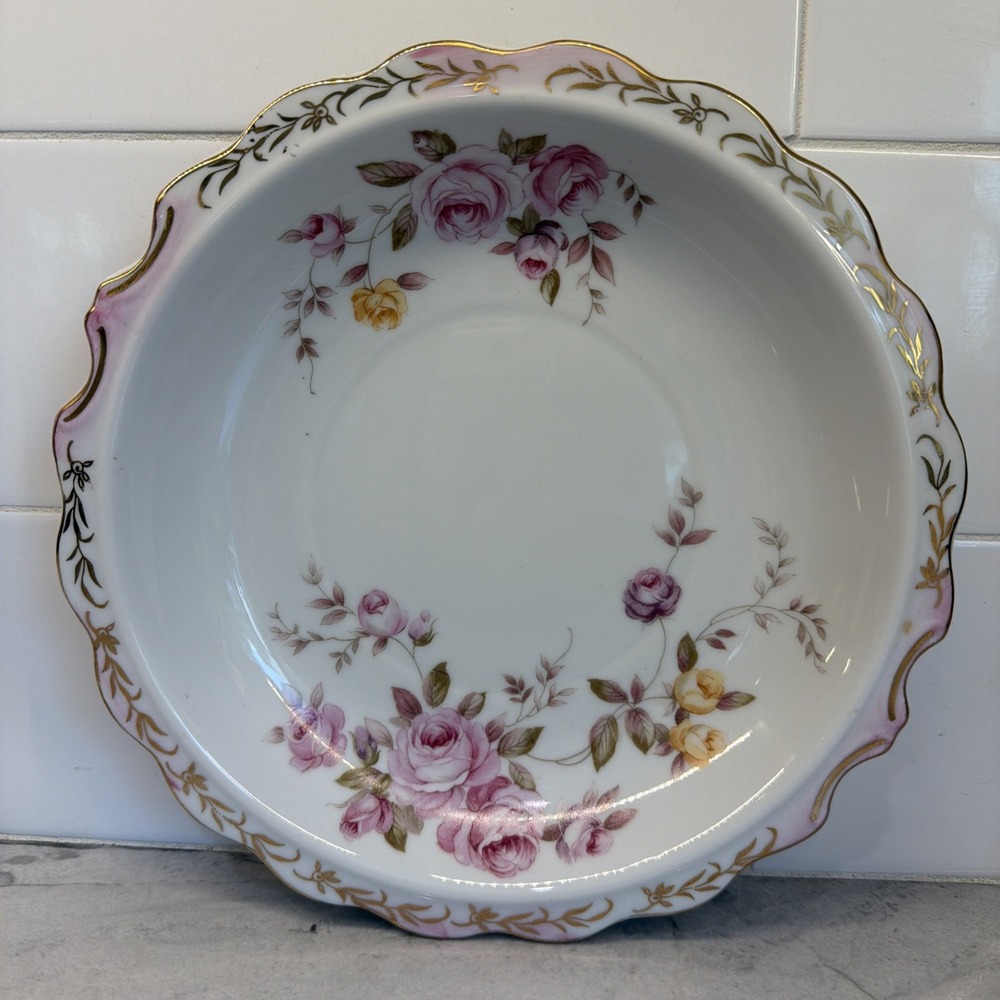 Vintage Lefton China Heritage Rose #6326 Porcelain Serving Bowl Pink Yellow Gold